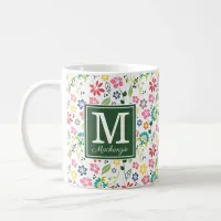 Colorful Bohemian Spring Flowers Green Monogram Coffee Mug