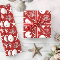 Coastal Christmas Starfish Sand Dollar Red Wrapping Paper