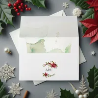 Watercolor Poinsettia and Holly Christmas Wedding Envelope