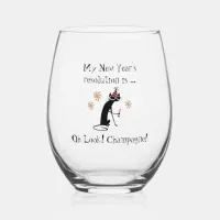 Oh Look! Champagne! New Year's Cat Stemless Wine Glass