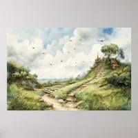 Watercolor winding path to a hilltop cottage poster