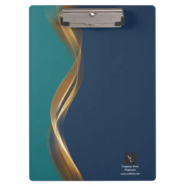 Elegant Gold Wave Blue Teal with Logo Clipboard