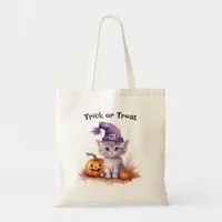 Cute Cat in Witch's Hat Halloween Trick or Treat Tote Bag