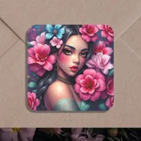 Beautiful Hispanic Anime Woman Square Sticker