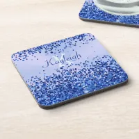 Simple Blue Brushed Metal and Glitter Monogram | Beverage Coaster