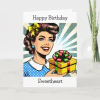 Happy Birthday | Retro Woman Holding Gift Card