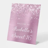 Glittery Rose Pink Foil Sweet 16 Welcome Pedestal Sign