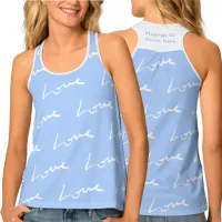 Love White Script Pattern | Blue Tank Top