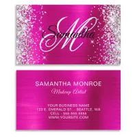 Silver Glitter Hot Pink Foil Fancy Monogram Business Card