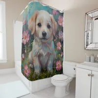 puppy dog Playful Paws Pink Blossom bathroom Shower Curtain