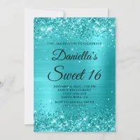 Glittery Turquoise Blue Foil Sweet 16 Invitation