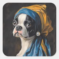 Boston Terrier With Pearl Earring Parody Square Sticker