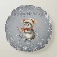 Cute Winter Mouse with Berries Round Pillow