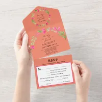 Elegant Pink Floral Greenery Coral Orange Wed RSVP All In One Invitation