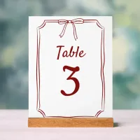 Modern Simple Bow Wedding Maroon Table Number Acrylic Sign