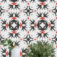 Intricate Sharp Black Red Motifs on Light Gray Wallpaper