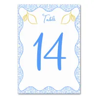 Elegant Lemon and Blue Tiles Mediterranean Wedding Table Number