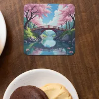 Zen Garden Bridge Cherry Blossom Reflection Square Paper Coaster