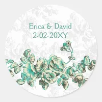 Chic Ivory and Teal Vintage Floral Wedding Classic Round Sticker