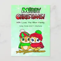 Cute Owl Couple cuddling on Branch Christmas Holiday Postcard