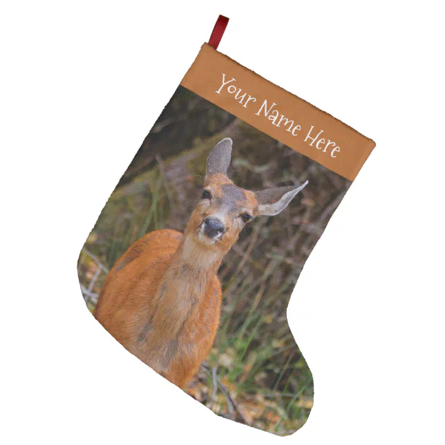 Funny Young Blacktail Deer Smiles at Photographer Large Christmas Stocking