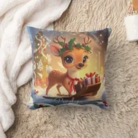 Cute reindeer and sleigh full of Christmas present Throw Pillow