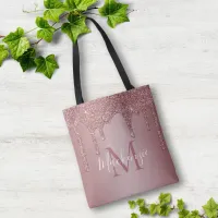 Chic Rose Gold Glitter Drips Monogram Tote Bag