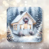 Tiny Home in a Magical Winter Forest Christmas Square Sticker