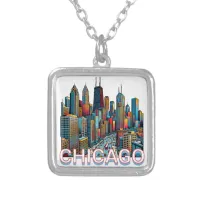 Pop art Comic Book Chicago, Illinois Skyline  Silver Plated Necklace