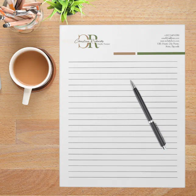 Simple Modern Olive Green Gold Monogram Lined Notepad