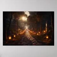 Winding cobblestone path through woods at twilight poster