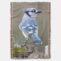 Cute Blue Jay Songbird on Treestump Throw Blanket
