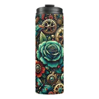 Beautiful Steampunk Themed Gears and Roses Thermal Tumbler