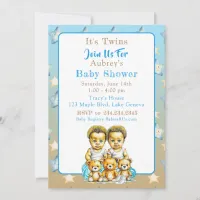African-American Twin Boy's Blue Baby Shower Invitation