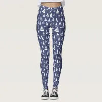 White Sailing Boats Pattern on Navy Blue Leggings