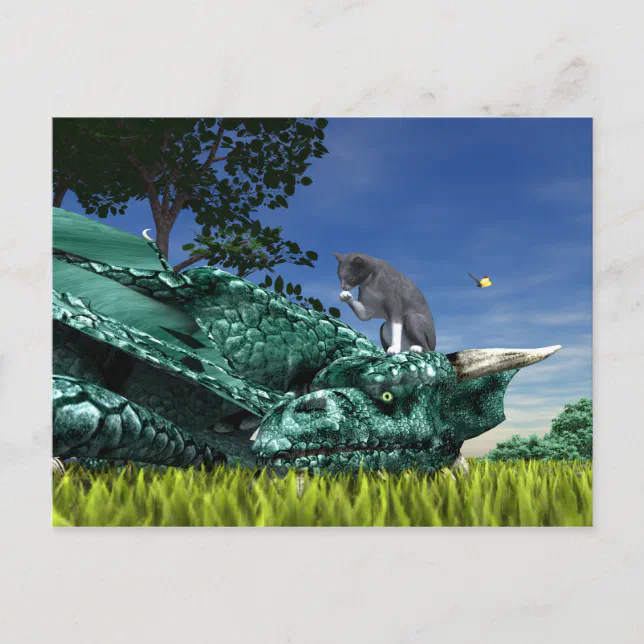 Surprise Visitor - Cute Cat on Dragon’s Head Postcard