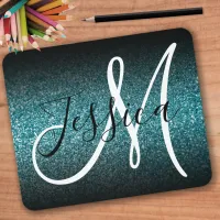 Elegant Black Ombre Teal Glitter Monogram Mouse Pad