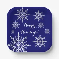 White Snowflakes on Blue Happy Holidays Paper Plates