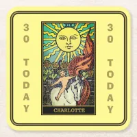 30th Birthday | The Sun Tarot Card Name Yellow Square Paper Coaster
