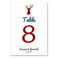 Rustic Red and Blue Buck Deer Wedding Reception Table Number