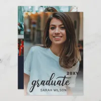 Navy Modern Script Graduate Two Photos Drive By In Invitation