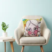 Cute Girl Bubble Whimsical Orange Turquoise Yellow Throw Pillow