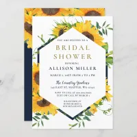 Watercolor Navy Sunflower Rustic Bridal Shower Invitation