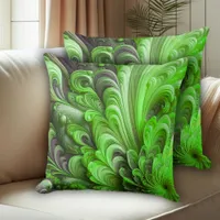 Grey & Green Sculpted Floral & Feather Pattern Throw Pillow