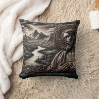 Jesus Surrounded by Majestic Mountains at Dusk Throw Pillow