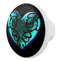 Filigree Goth Ice Blue Heart Ceramic Knob