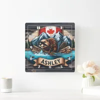 Beaver by River With Mountains Behind Square Wall Clock