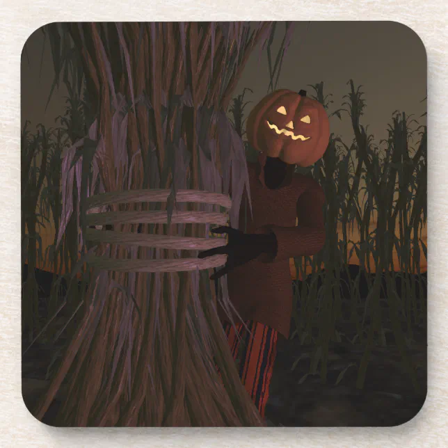 Spooky Pumpkin Head Scarecrow Beverage Coaster