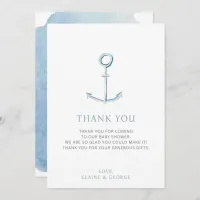 Watercolor Anchor Nautical Blue Beach Baby Shower  Thank You Card