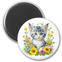 Watercolor Kitten Flowers Christmas Magnet